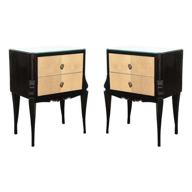 Art Deco Directoire Style Ebonized Nightstands W/Shagreen Fronts & Mirrored Tops For Sale