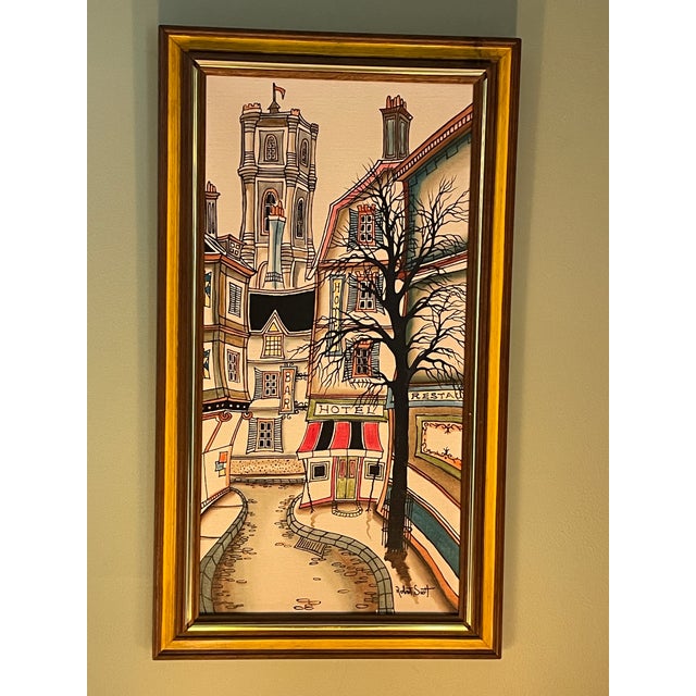 Mid-Century Modern Original 1974 Framed Robert Scott Whimsical Street Scene Painting - Camrose Art Corp For Sale - Image 3 of 8