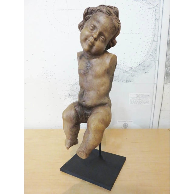 Mid 19th Century Antique Spanish Walnut Cherub on Custom Iron Stand For Sale - Image 5 of 5