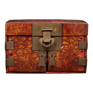 Antique Chinese Red Leather Lacquered Wood Document Box