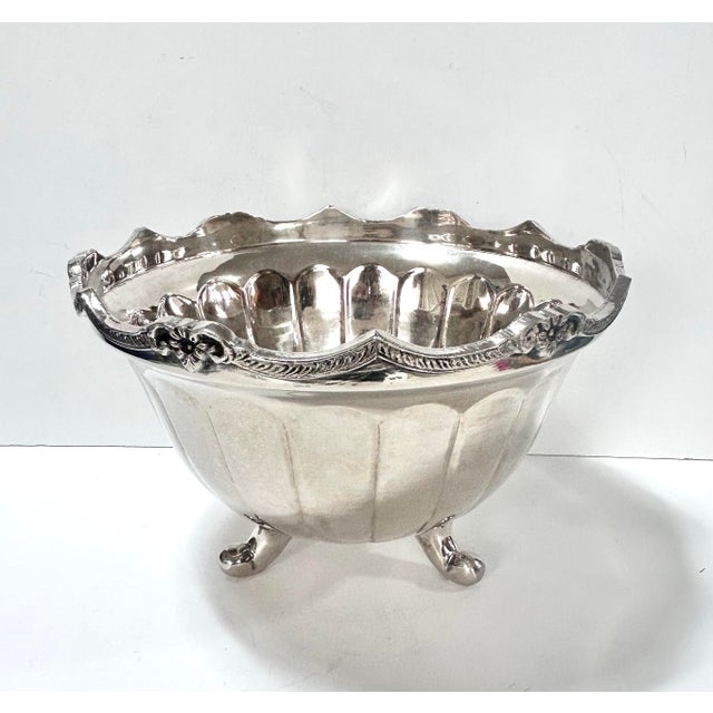 Vintage Silverplate Footed Centerpiece Bowl With Scalloped Floral Rim For Sale - Image 4 of 11
