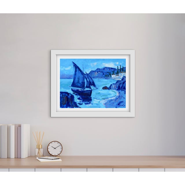 Contemporary Blue Harbor Voyage – Original Oil Painting Sailboat Coastal Landscape For Sale - Image 3 of 6