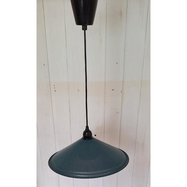 Vintage Pendant Lamp with Perforated Green Metal Shade and White Glass Undershade, 1980s For Sale - Image 4 of 6