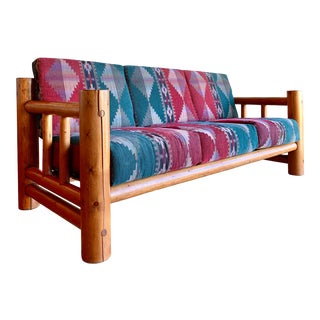 Vintage Rustic Primitive Adirondack Cabin Organic Modern Hand Hewn Pine Log Navajo Southwest Sofa For Sale