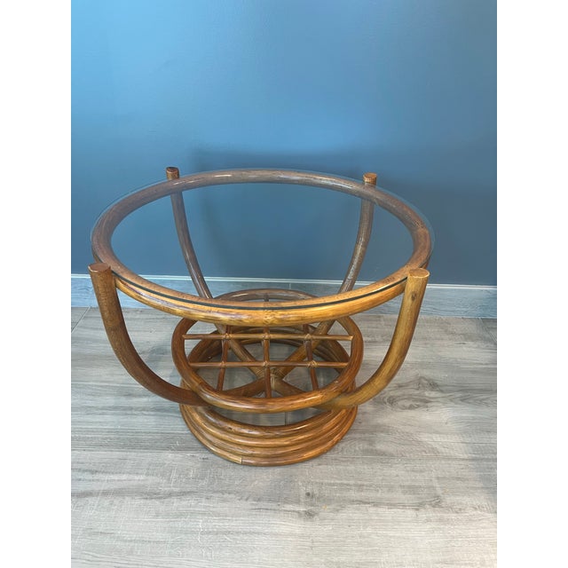 1950s Vintage Round Bamboo and Glass Side Table For Sale - Image 5 of 5