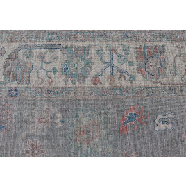 All Over Modern Floral Oushak With a Light Blue-Gray Field and Border With Color For Sale - Image 10 of 12