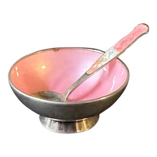 1950s Mid-Century Modern Meka Denmark Sterling Silver Pink Guilloche Enamel Salt Cellar and Spoon Set For Sale