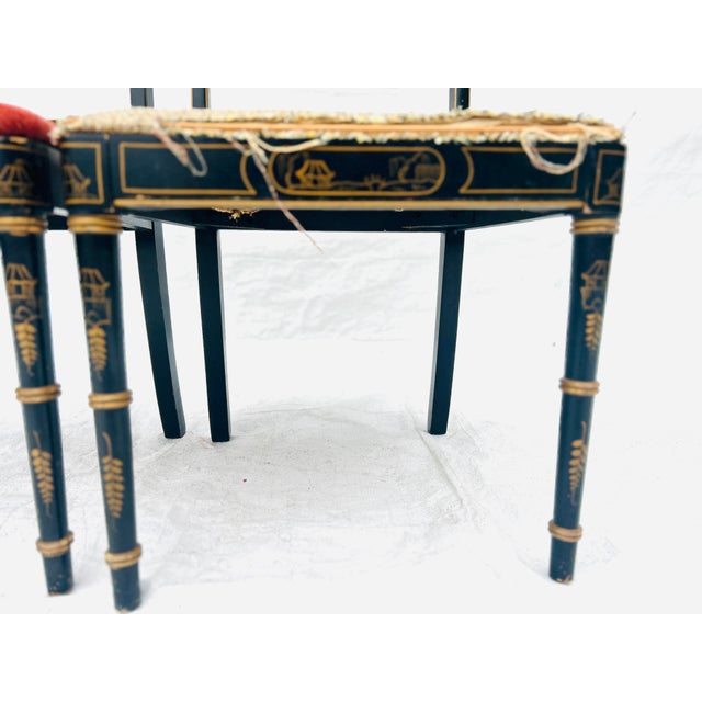 Chinoiserie 50's Regency Style Painted Black Chinoiserie Set of 2 Chairs For Sale - Image 3 of 12