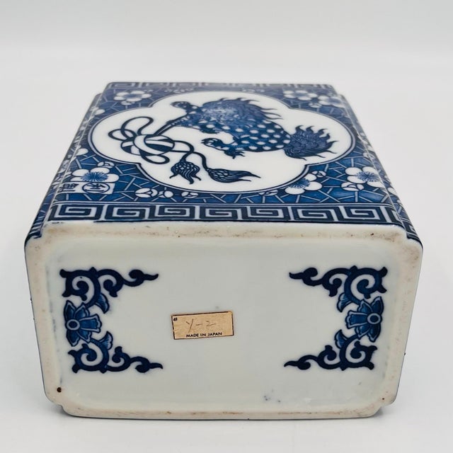 Vintage Chinoiserie Blue and White Porcelain Foo Dog Flower Frog For Sale - Image 9 of 11