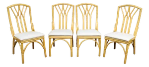 Set of 4 MCM Style Bamboo Dining Chairs With Upholstered Seats