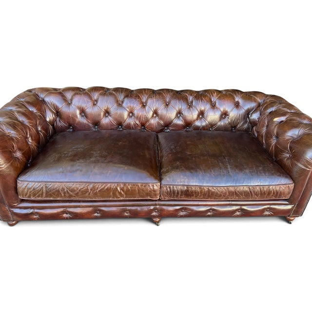 1960s Restoration Hardware Chesterfield Cognac Leather Sofa With Brass Nailhead & Casters For Sale - Image 5 of 16