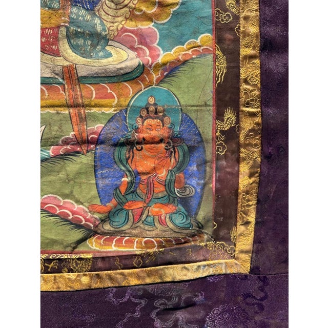 Antique 19th Century Tibetan Manjushri Thangka – Bodhisattva of Wisdom in Custom Silver Gilt Frame For Sale - Image 13 of 18
