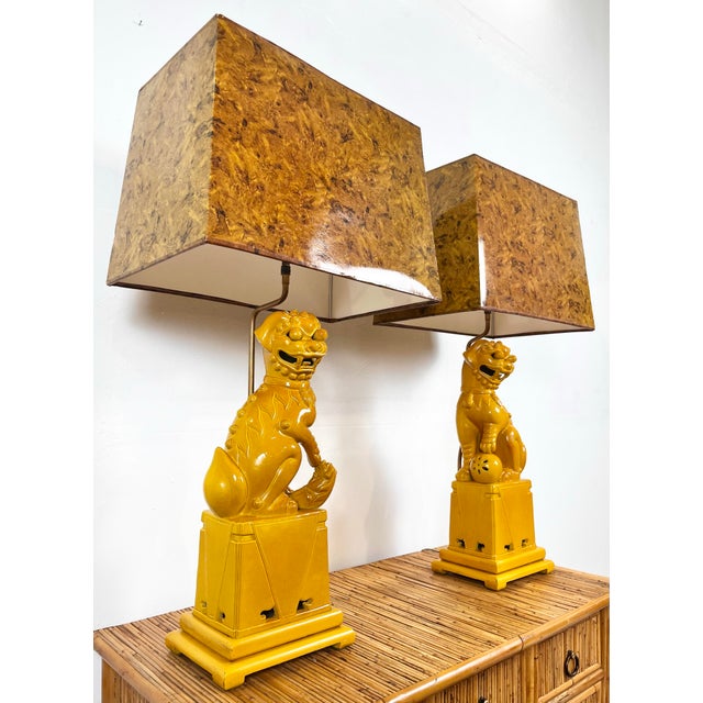 Mid-Century Modern Vintage Yellow Ceramic Foo Dog Lamps - A Pair For Sale - Image 3 of 12