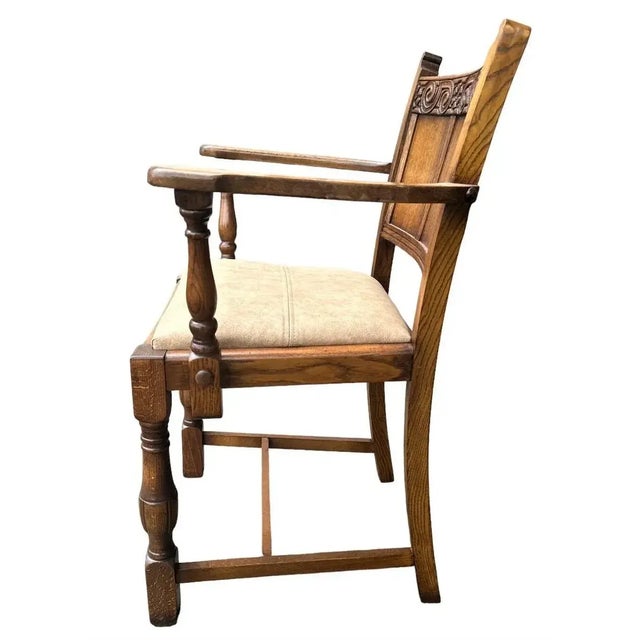 Brown Antique English Edwardian Arts & Crafts Oak Dining Chairs With New Leather Seats - Set of 6 - Circa 1905 For Sale - Image 8 of 8