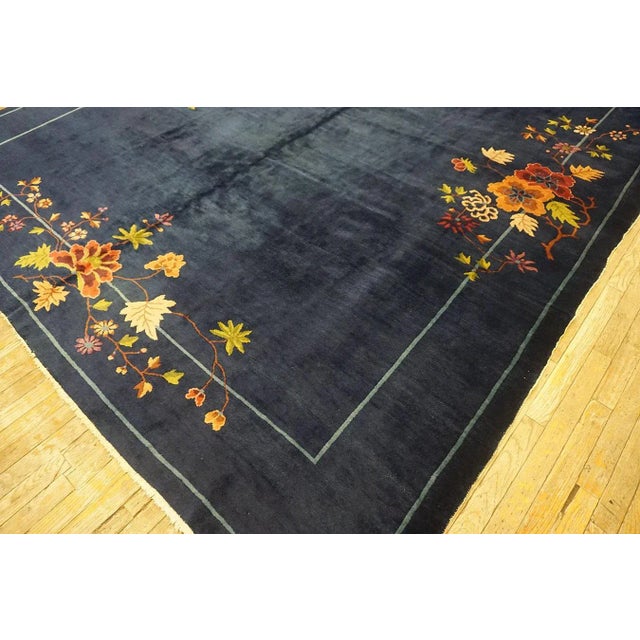 1920s Blue Navy Field Floral Antique Chinese Art Deco Carpet 9' X 11'4" Knotted Wool Rug For Sale - Image 14 of 15