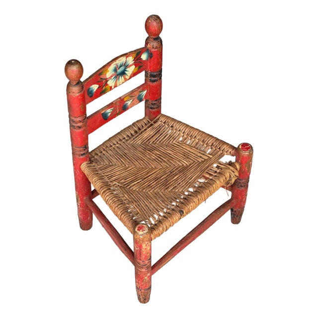 Vintage Handpainted Red Blue Flowers Rattan Seat 16" Tall For Sale