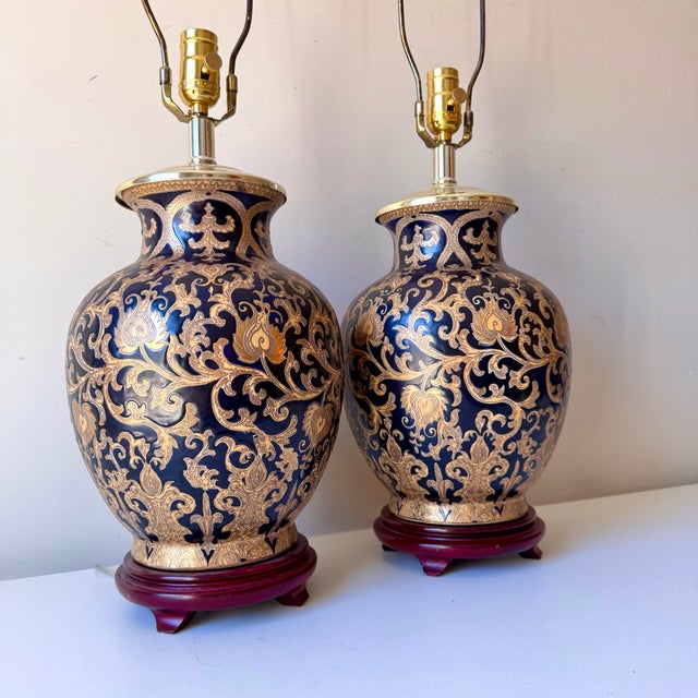 Late 20th Century Cobalt Gold Filigree Porcelain Table Lamps For Sale - Image 5 of 7