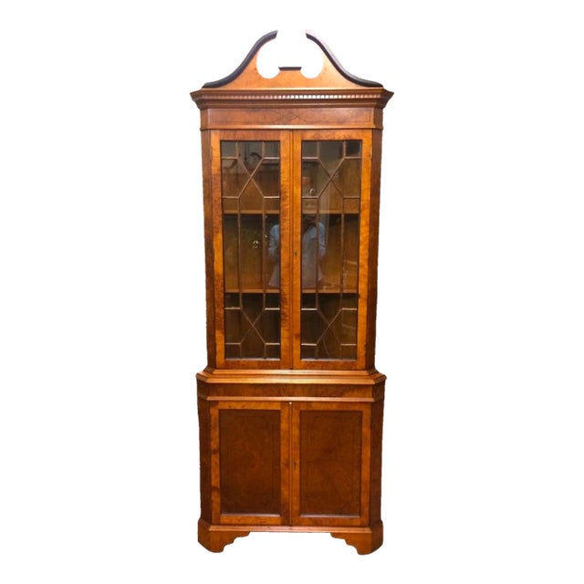 Vintage Corner Cabinet, Burl Walnut and Curly Maple Cabinet For Sale