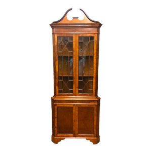 Vintage Corner Cabinet, Burl Walnut and Curly Maple Cabinet