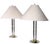 Chic pair of Post Modern, Hollywood Regency style table lamps, having three vertical chrome and brass rods mounted on a...