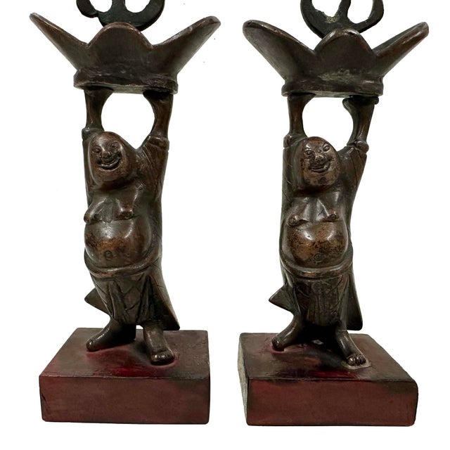 Chinese Early 20th Century Chinese Pair of Bronze Happy Buddha Candle Holders For Sale - Image 3 of 9
