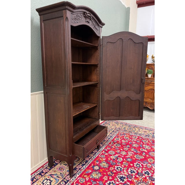 Antique French Louis XV Style Armoire Cupboard Linen Cabinet Bonnetiere Oak For Sale - Image 9 of 18