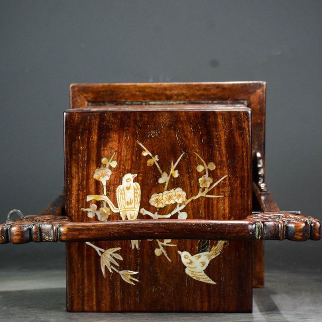 Vintage Chinese Huali Rosewood Inlaid "Magpie & Plum" Tiered Picnic Box With Dragon Handles For Sale In Los Angeles - Image 6 of 9
