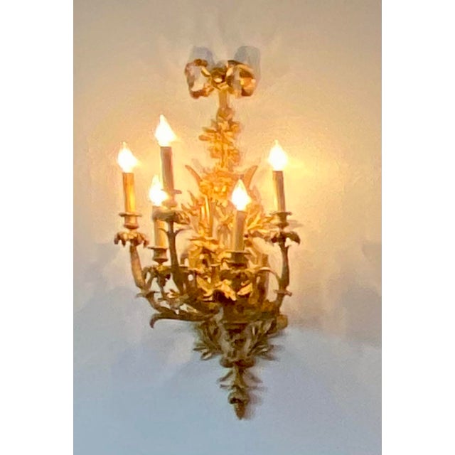 1990s Pair of Gold Colored Metal Hard Wired Sconces With 5 Candelabras For Sale - Image 4 of 5