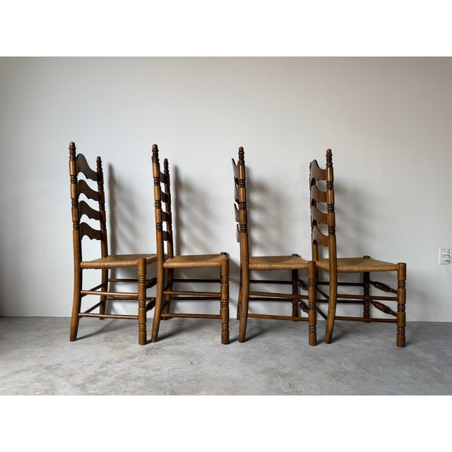 Brown Vintage French Country Style Tall Ladder Back Rush Seat Dining Chairs – Set of 4 For Sale - Image 8 of 18