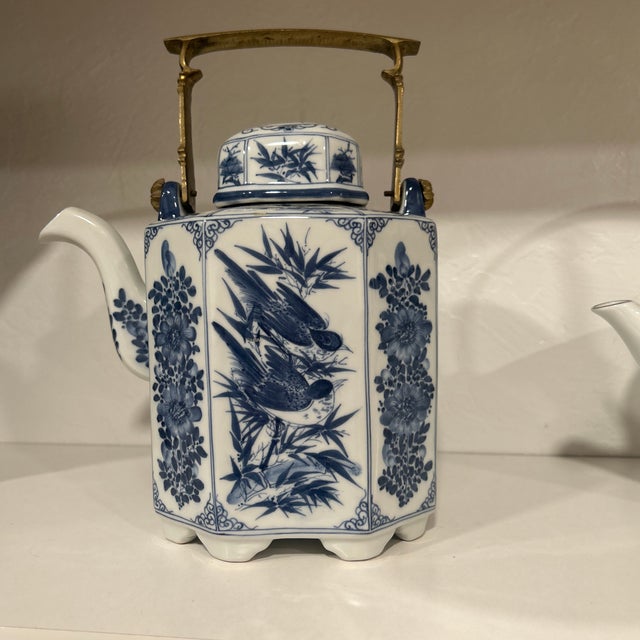 Vintage Blue and White Porcelain Teapot With Solid Brass Handle Hand Painted Thailand For Sale - Image 12 of 12