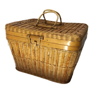 Mid 20th Century Bamboo Slat and Wicker Suitcase Style Basket For Sale