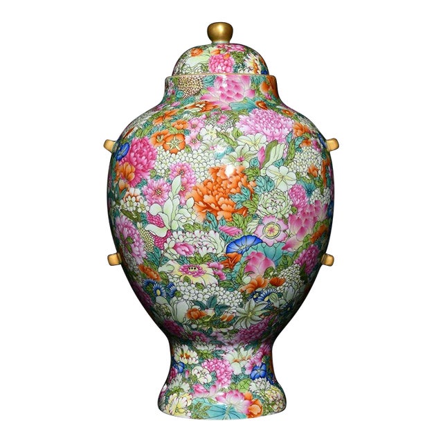 Vintage Famille Rose Porcelain Jar – 20.5" Floral Millefleur Vase With Lid For Sale