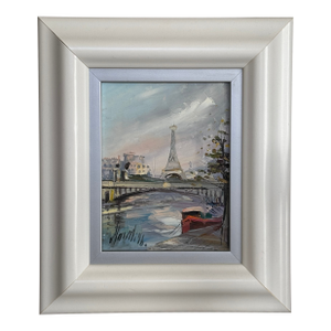 Late 20th Century Impressionist Paris Cityscape, Eiffel Tower From the Seine -- Oil on Canvas