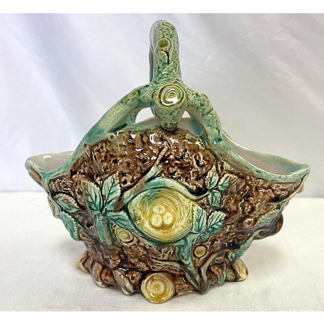Vintage Italian Majolica Faux Bois Birds Nest Ceramic Basket Vase For Sale - Image 11 of 12