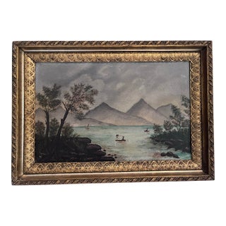 Antique American Folk Art Mountain Lake Landscape Oil Painting on Artist’s Board, C. 1900 For Sale