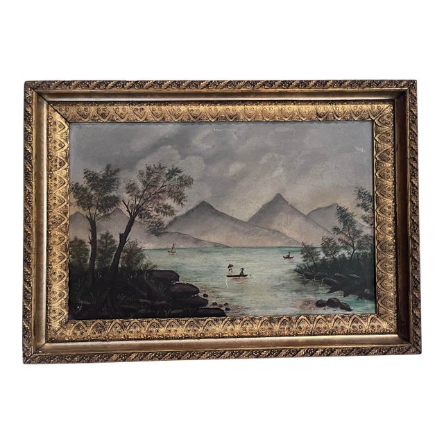 Antique American Folk Art Mountain Lake Landscape Oil Painting on Artist’s Board, C. 1900 For Sale
