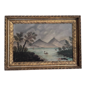 Antique American Folk Art Mountain Lake Landscape Oil Painting on Artist’s Board, C. 1900