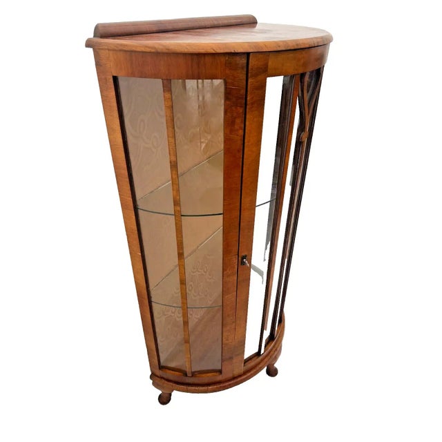 1920s Art Deco China Cabinet Curio Curved Locking Door Two Glass Shelves Lighted For Sale - Image 4 of 11