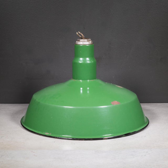 Set of Two Benjamin 16" Enameled Porcelain Green Industrial Pendant Lights c.1950 For Sale - Image 4 of 11
