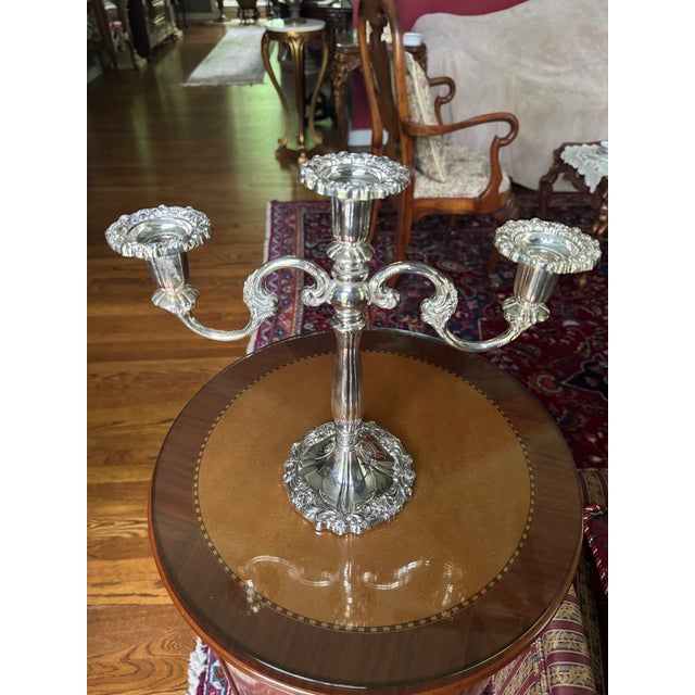 Midcentury Sheffield Silverplate Heavy 3 Arm Candelabra Made in Italy For Sale - Image 4 of 13