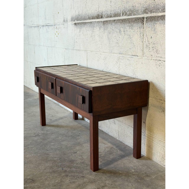 Rosewood 2-Drawer Entryway Console Table With Geometric Tiled Top Mid-Century Modern 1960s For Sale - Image 10 of 11