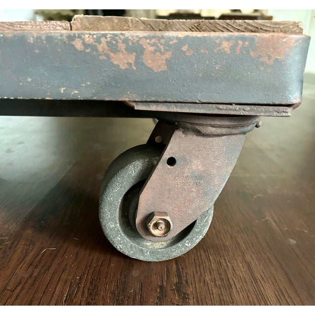 VTG Industrial Factory Cart Coffee Table, Wood Top and Metal Casters For Sale In Dallas - Image 6 of 10