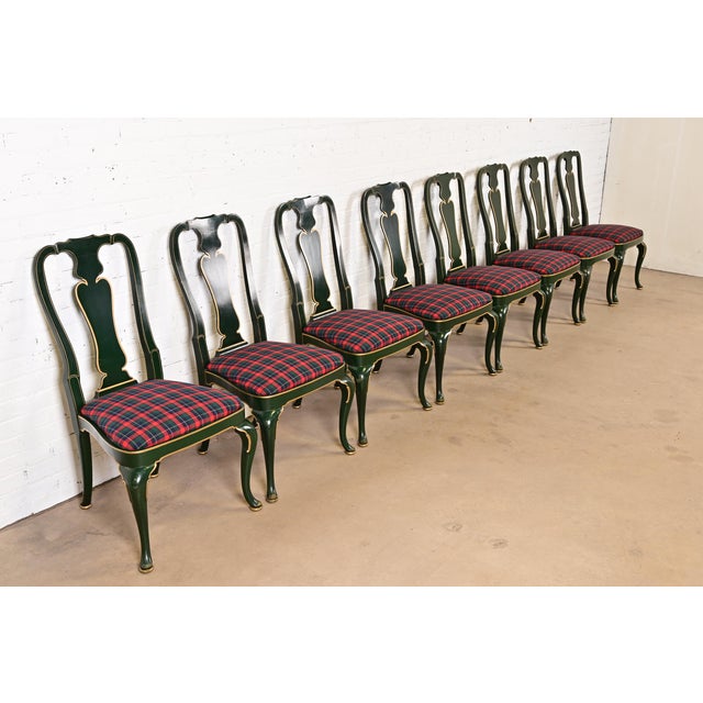 Kindel Furniture Chinoiserie Queen Anne Green Lacquered and Gold Gilt Dining Chairs, Set of Four For Sale - Image 14 of 15