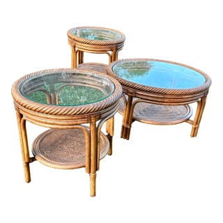 1970s Boho Chic Rattan Round Table Set For Sale