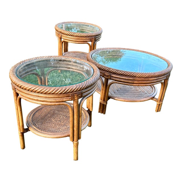 1970s Boho Chic Rattan Round Table Set For Sale