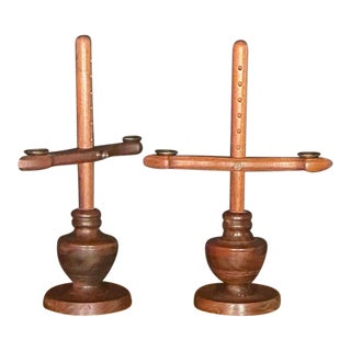 Vintage Mid-Century Modern Scandinavian Adjustable Wooden Candle Holders Brass Inserts- A Pair For Sale
