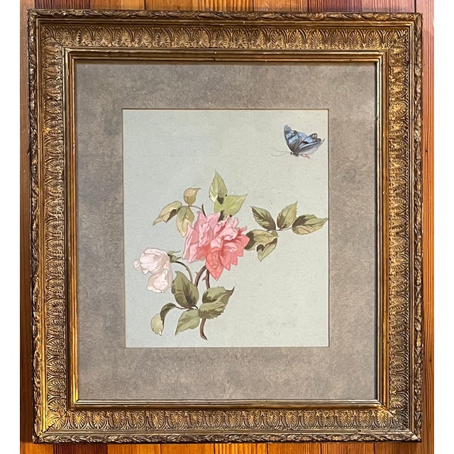 Antique 19th Century American Floral Botanical Watercolor Study of a Rose and Butterfly Signed Copely in Gilt Frame For Sale In New York - Image 6 of 10