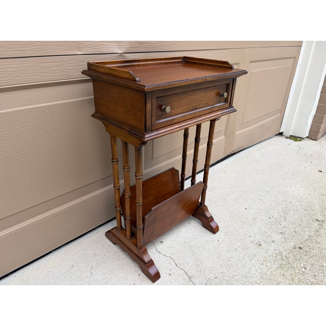 Brown Mid-20th Century Brandt Walnut Faux Bamboo Side Table With Drawer & Magazine Rack For Sale - Image 8 of 17