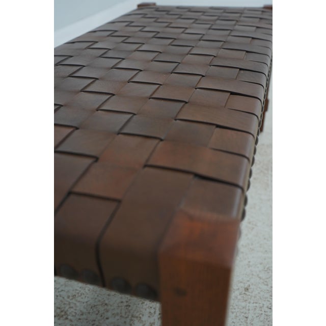 Stickley Mission Oak Leather Woven Seat Bench For Sale - Image 11 of 15