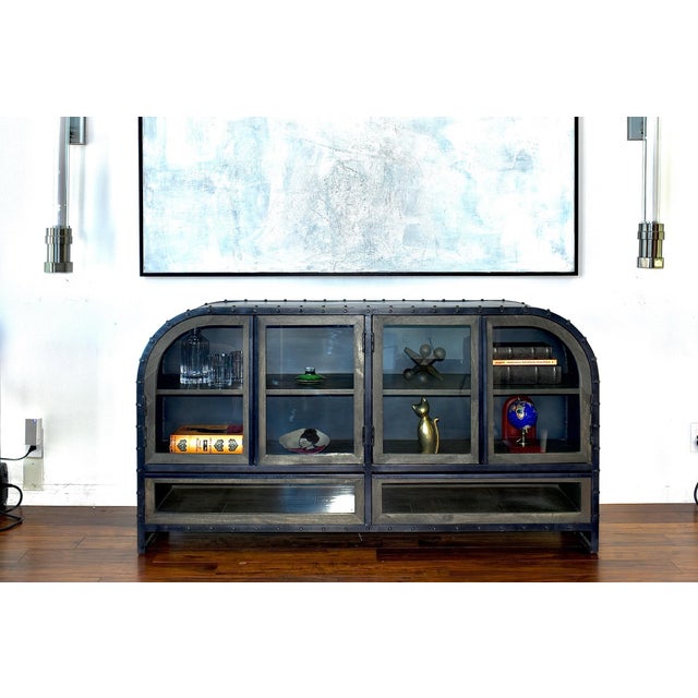 Restoration Hardware Industrial Riveted Metal & Glass Display Cabinet / Credenza For Sale - Image 4 of 10